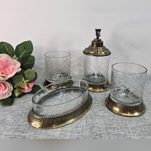 Vintage Bathroom Vanity Set (4 Pcs) Crystal Glass And Brass Apotecary Set